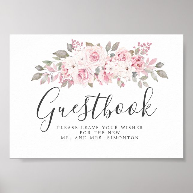 Póster Rótulo Rubor Pink Floral Boda Guestbook (Frente)