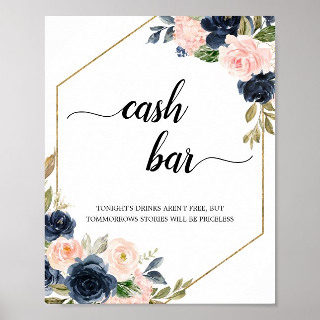 Póster Rótulo Rubor Pink Navy Floral Geometric Cash Bar (Frente)