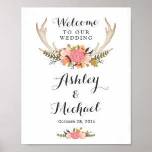 Póster Rótulo Rústico De Acogida De Boda Floral De Antler