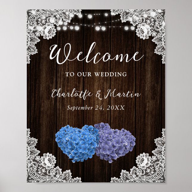 Póster Rótulo Rústico Morado Azul Lace Wedding (Frente)