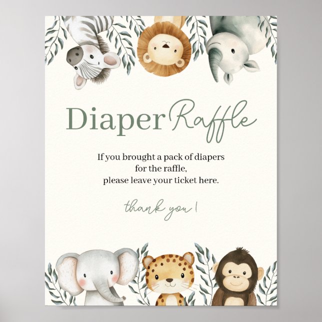 Póster Rótulo Safari Baby Shower Diaper Raffle (Frente)