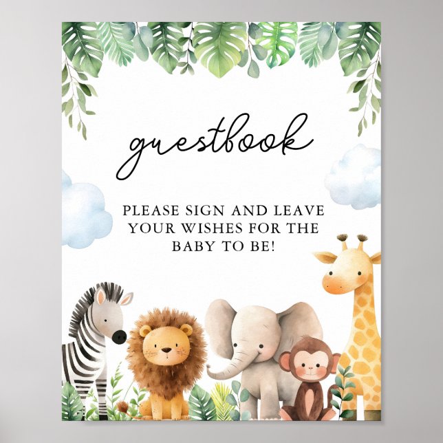 Póster Rótulo Safari Baby Shower Guestbook (Frente)