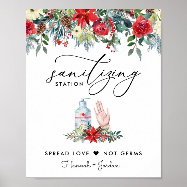 Póster Rótulo Sanitizing Station | Floral de invierno rús (Frente)