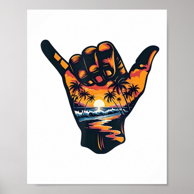 Póster Rótulo Shaka Hand Aloha Surf vacaciones de verano (Frente)