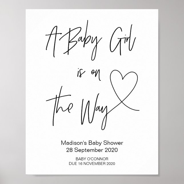 Póster Rótulo simple de Baby Shower para niñas con corazó (Frente)