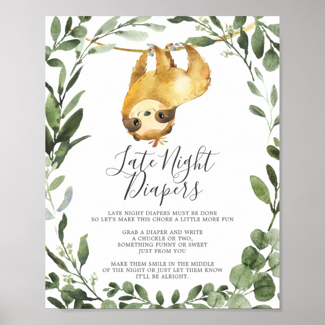Póster Rótulo Sloth Baby Shower Late Night Diapers (Frente)
