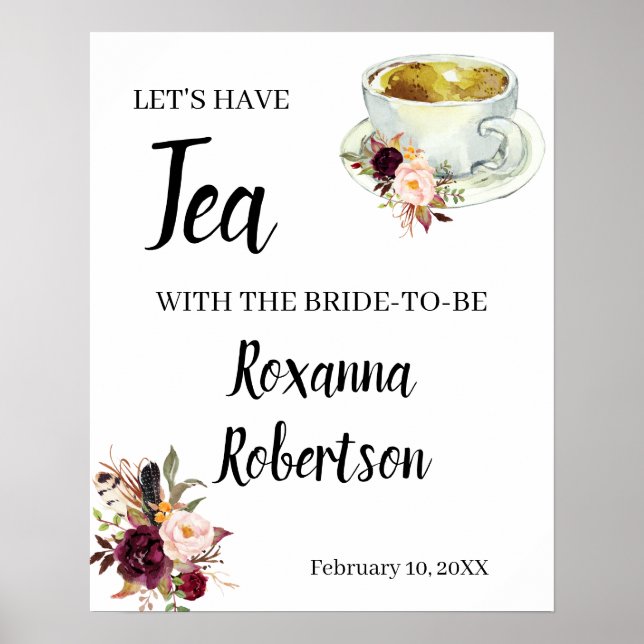 Póster Rótulo Tea Bridal Shower Marsala Flowers (Frente)