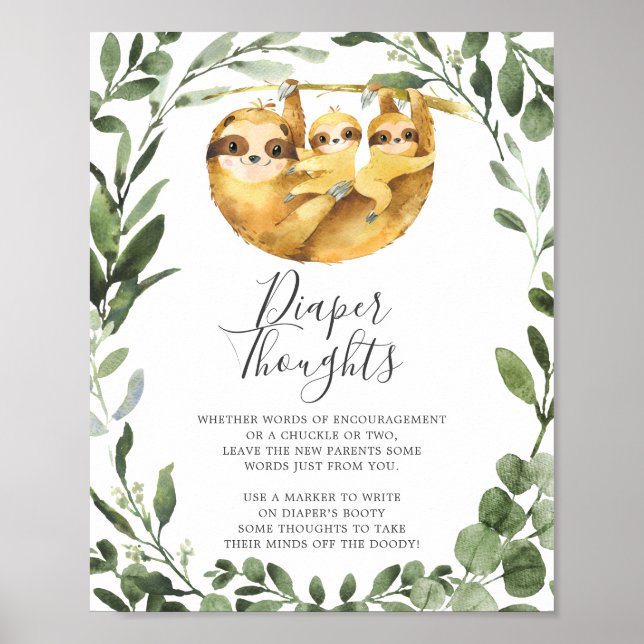Póster Rótulo Twins Sloth Baby Shower Diaper Thoughts (Frente)