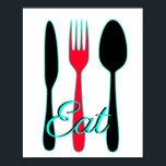Póster Rótulo verde azulado, negro y rojo para la cocina<br><div class="desc">Este poster es negro,  blanco,  rojo y verde azulado con el texto "Come",  con un gráfico de tenedor,  cuchillo y cuchara. El estilo moderno y elegante le añadirá un toque de color a su cocina.</div>