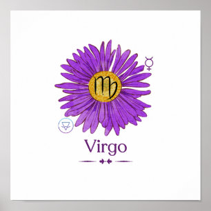 Póster Rótulo Virgo Zodiac con Poster de flores moradas