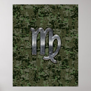 Póster Rótulo Virgo Zodiac en Camo Digital Verde