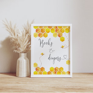 Póster Rótulo Watercolor Bee Books and Diapers