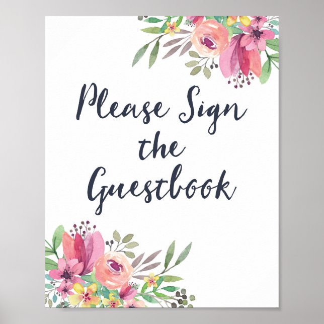Póster Rótulo Watercolor Floral Guestbook (Frente)