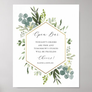 Póster Rótulo Watercolor Greenery Gold Hexagon Open Bar