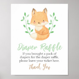 Póster Rótulo Watercolor Woodland Fox Diaper Raffle