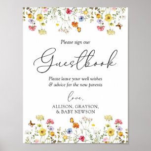 Póster Rótulo Wildflower Boho Baby Shower Guestbook