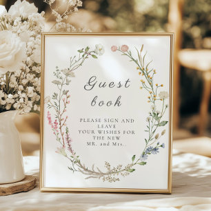 Póster Rótulo Wildflower Floral Boda Greenery Guestbook
