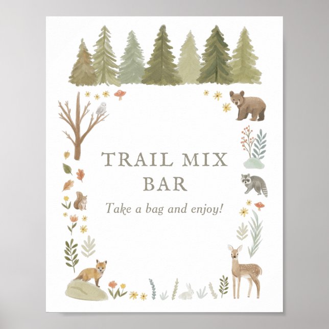 Póster Rótulo Woodland Baby Shower Trail Mix Bar (Frente)