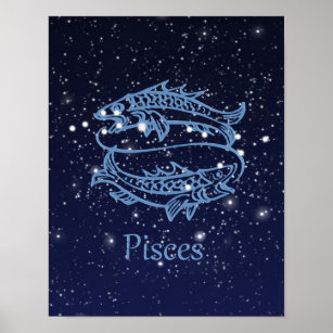 Póster Rótulo y constelación de Pisces Zodiac