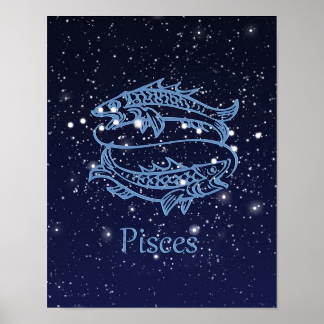 Póster Rótulo y constelación de Pisces Zodiac (Frente)