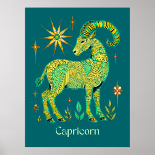 Póster Rótulo Zodiaco de Capricornio en patrones intrinca