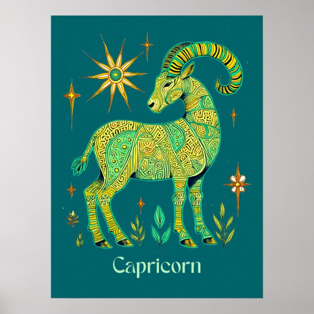 Póster Rótulo Zodiaco de Capricornio en patrones intrinca (Frente)
