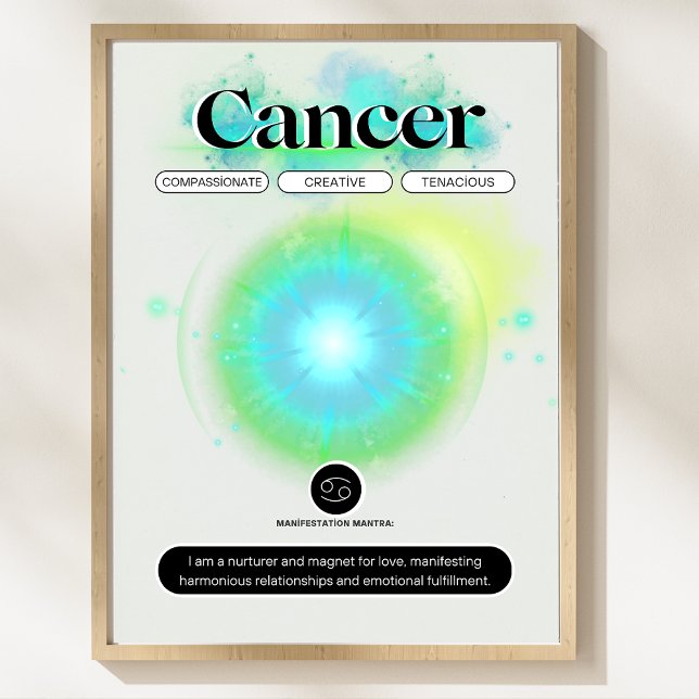 Póster Rótulo Zodiaco moderno Cáncer Cita Elemento Agua (cancer zodiac, zodiac sign, astrology art, spiritual zodiac, cosmic design, horoscope cancer,)