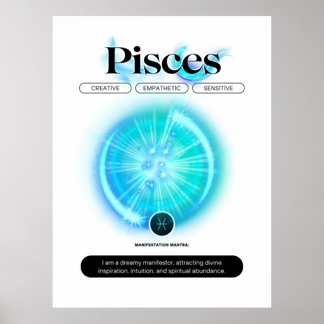 Póster Rótulo Zodiaco Moderno Pisces Cita Elemento Agua (Frente)