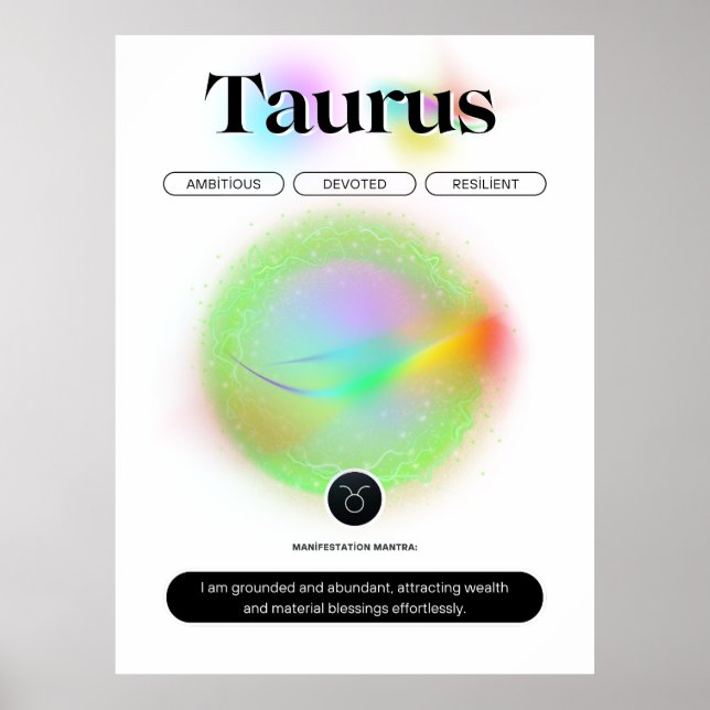 Póster Rótulo Zodiaco moderno Taurus Cita Elemento Tierra (Frente)