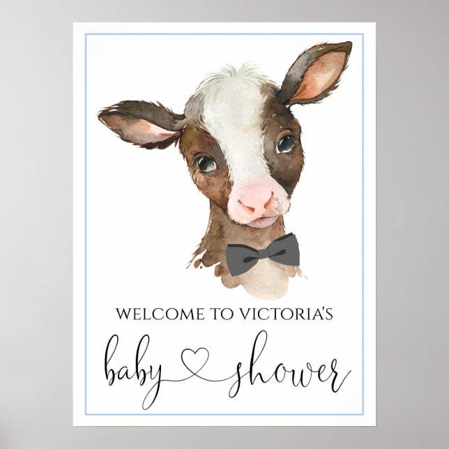 Póster Rótulos Baby Shower de Boy Farm Cow (Frente)