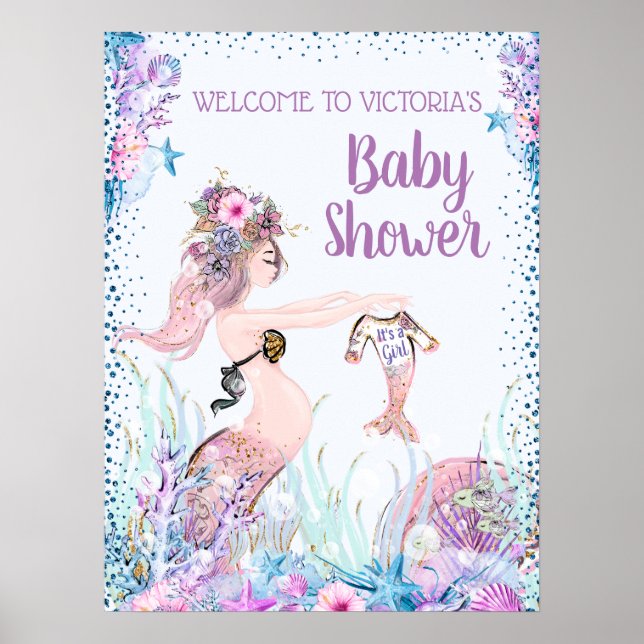 Póster Rótulos de Baby Shower de Mermaid chica (Frente)