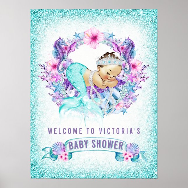 Póster Rótulos de Baby Shower de sirena (Frente)