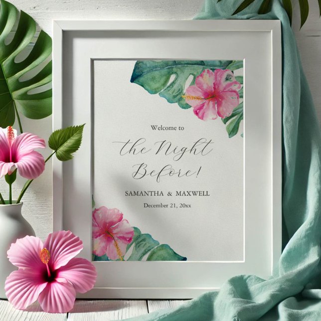 Póster Rótulos de cena de ensayo boda Flores de hibiscus (printable wedding signs tropical destination weddings watercolor flowers & palm leaves DoTellABelle)