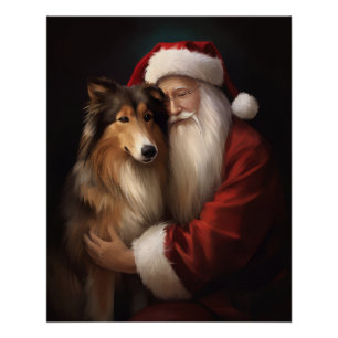 Póster Rough Collie Con Navidades festivos de Santa Claus