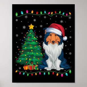 Póster Rough Collie Dog Santa Hat Hombres Mujeres Niños N