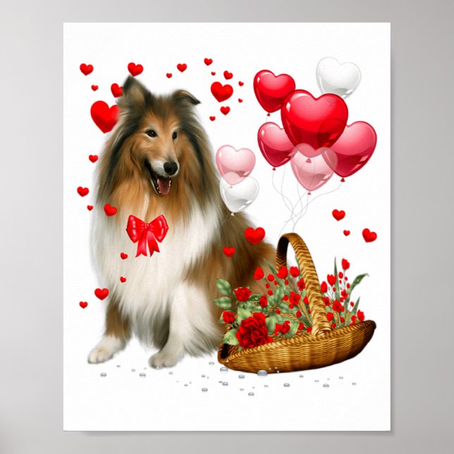 Póster Rough Collie Heart Balloon Happy Valentine Day Dog (Frente)