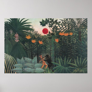 Póster Rousseau - Paisaje Tropical, Indio y Gorila
