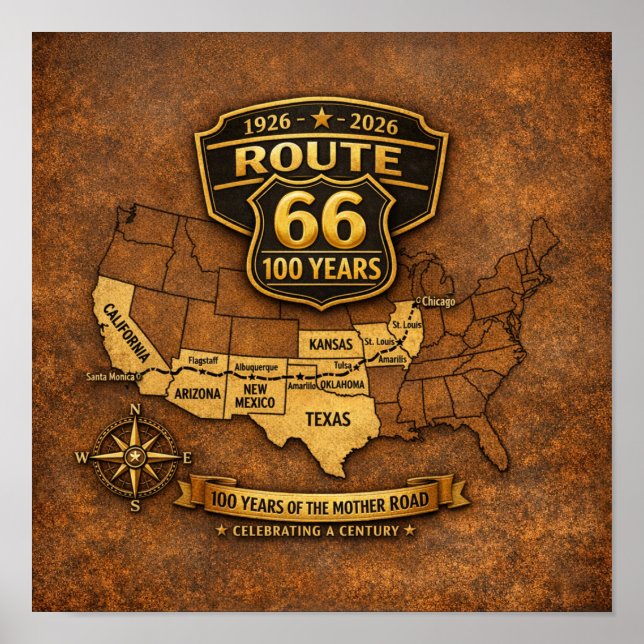 Póster Route 66 Centennial Vintage Map Design (Frente)