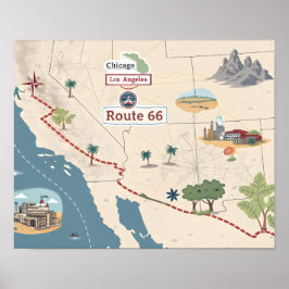 Póster Route 66 Vintage Travel Map Illustration