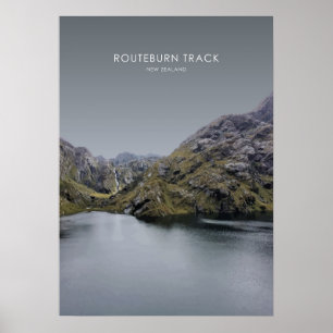 Póster Routeburn Track, Ilustracion de viajes de Nueva Ze