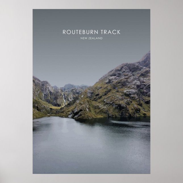 Póster Routeburn Track, Ilustracion de viajes de Nueva Ze (Frente)