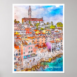 Póster Rovinj Croacia Viaje Lugar Acuarela