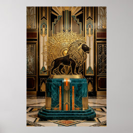Póster Royal Art Deco Lion Statue Gold Foil