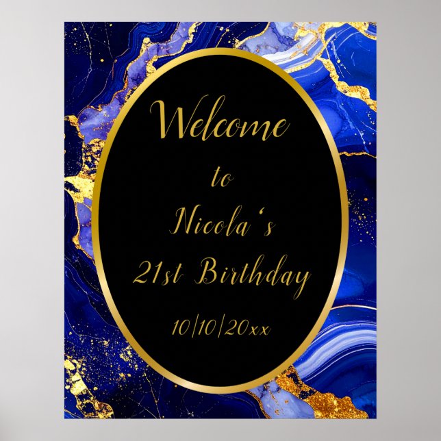 Póster Royal Blue and Gold Marble Agate Birthday Party (Frente)