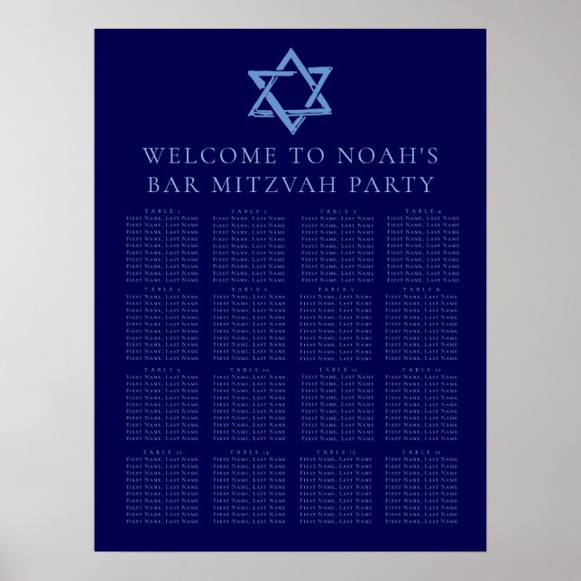 Póster Royal Blue Bar Mitzvah Star of David Seating Chart (Frente)