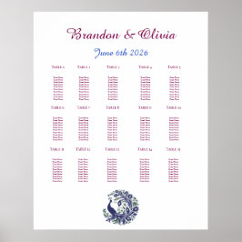 Póster Royal Blue Peacock Wedding Seating Chart
