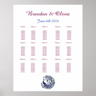 Póster Royal Blue Peacock Wedding Seating Chart