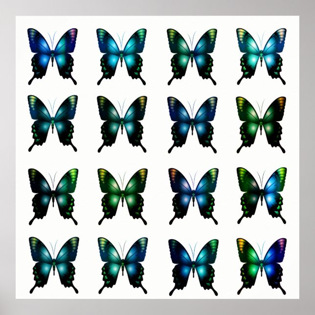 Póster Royal Blue Turquoise Elegant Whimsical Butterflies (Frente)