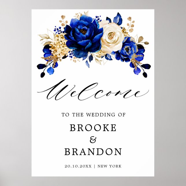 Póster Royal Blue Yellow Gold Metallic Wedding Welcome (Frente)