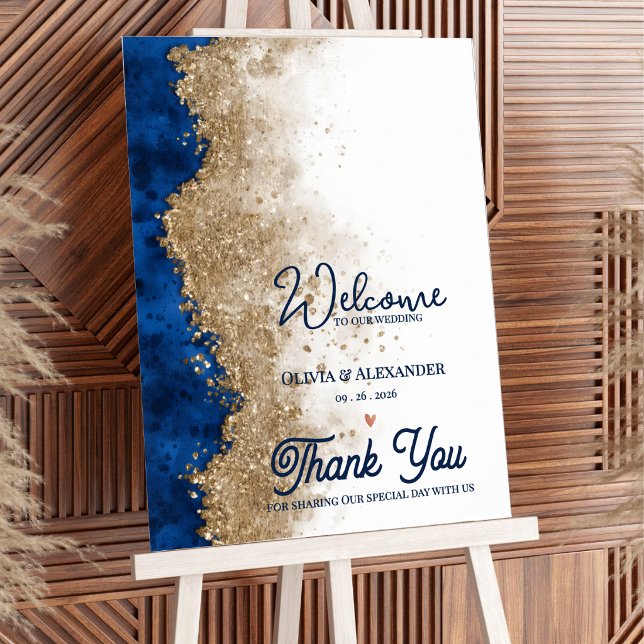 Póster Royal Elegant Navy Blue Gold Wedding Welcome (Royal Blue Gold Wedding Welcome Sign | Elegant Navy Blue Gold Wedding Welcome Poster)